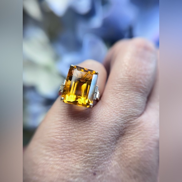 Large Citrine Emerald Cut Diamond Cocktail Ring 14k Yellow Gold - Picture 6 of 16